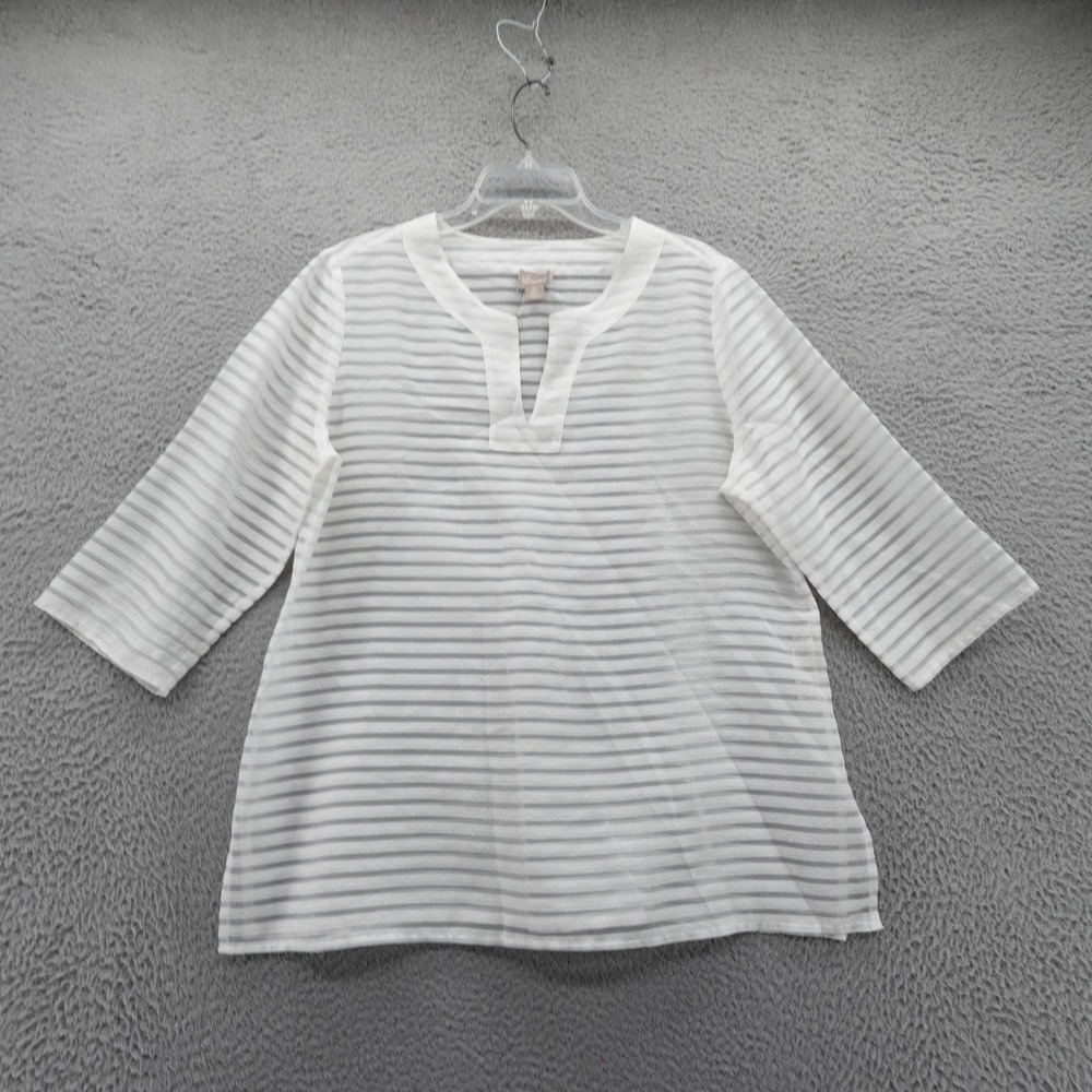 Chicos Sheer Striped Tunic Top Size 2 US Large White Womens Beach Coastal